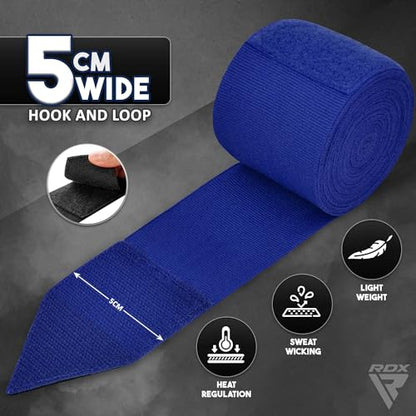 RDX Boxing Hand Wraps 4.5M / 180 Inches – Mexican Style Semi-Elastic MMA Inner Gloves - Wrist Support for Muay Thai, Kickboxing, BJJ, Karate - Thumb Loop & Hook and Loop Closure - Cotton & Nylon Blend - color: Blue