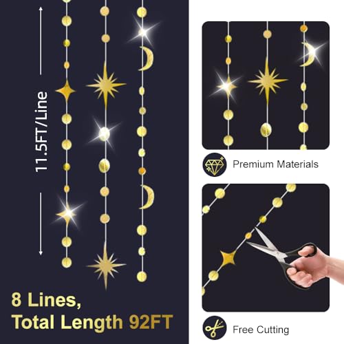 92FT Gold Moon Star Garland, Sparkly Crescent Moon & Star Hanging Decor for Ramadan Eid Mubarak, Birthday Party Supplies, Wedding Baby Shower Decorations, Photo Booth Props - size: 92 Gold Star