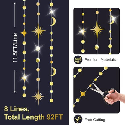 92FT Gold Moon Star Garland, Sparkly Crescent Moon & Star Hanging Decor for Ramadan Eid Mubarak, Birthday Party Supplies, Wedding Baby Shower Decorations, Photo Booth Props - size: 92 Gold Star