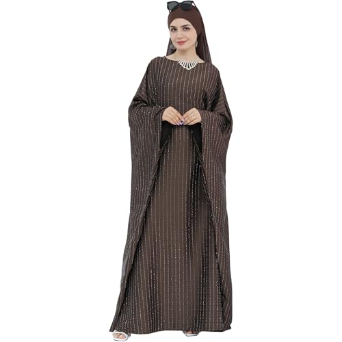 Muslim Abaya Dress 1Piece Bat Sleeve Kaftan Robe Women Islamic Maxi Dress Rhinestone Jilbab Eid Shiny Abaya(No scarf) - color: Brown I