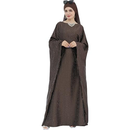 Muslim Abaya Dress 1Piece Bat Sleeve Kaftan Robe Women Islamic Maxi Dress Rhinestone Jilbab Eid Shiny Abaya(No scarf) - color: Brown I