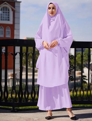 Abayas for Women Muslim Chiffon Prayer Burqa Dress Burkas for Women Muslim Hijab Dress Full Length Islamic Veil Abaya Set - color: Light Purple