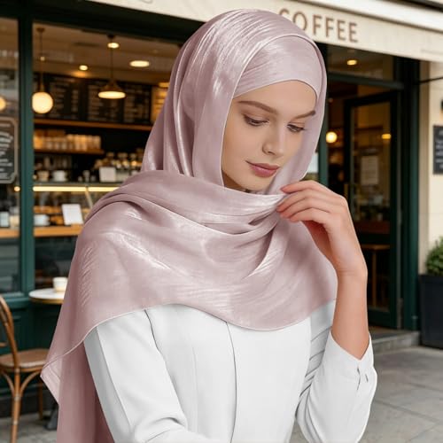 Premium Hijab Head Scarf for Women Lightweight Shimmer Hijab Head Wrap Scarves Crepe Satin Scarf Shawl Wrap - color: Dusty Purple