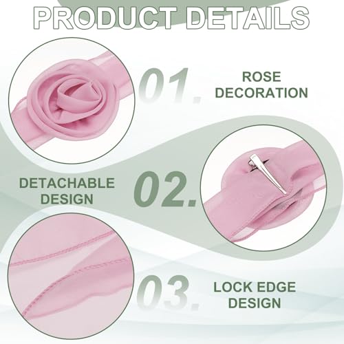 Chiffon Scarf for Women, Long Skinny Chiffon Neckerchief with Detachable Rose Flower Light Soft for Hair Ribbon - color: Dusty Pink