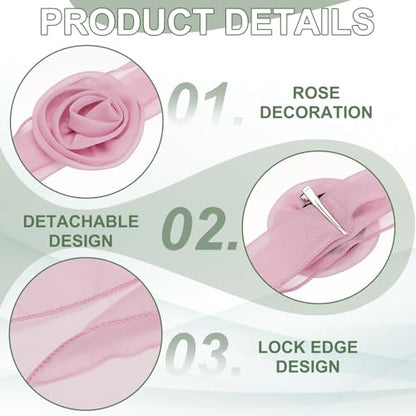 Chiffon Scarf for Women, Long Skinny Chiffon Neckerchief with Detachable Rose Flower Light Soft for Hair Ribbon - color: Dusty Pink