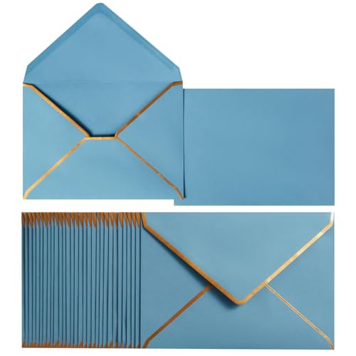 50 Pack A4 Envelopes Dusty-Blue 4x6 with Gold Border, 4.25x6.25 | Self-Adhesive, V Flap, For Wedding, Graduation, Baby Shower, Parties, Invitations - color: Dusty-Blue, size: A4 (4.25x6.25)