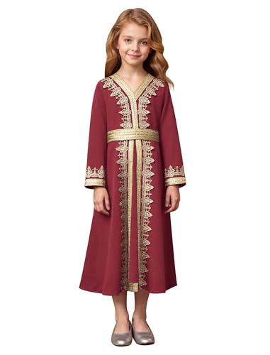 Muslim Dress for Kids Girls Abaya Middle East Ramadan Long Sleeve Lace Prayer Dress Arabic Kaftan with Belt - color: Wine Red, size: 3-4T