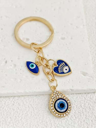 Blue Evil Eye Keychain Hamsa Hand Protection Keyring Good Luck Amulet for Purse Keys,Spiritual Gift for Women Men - color: Gold-1