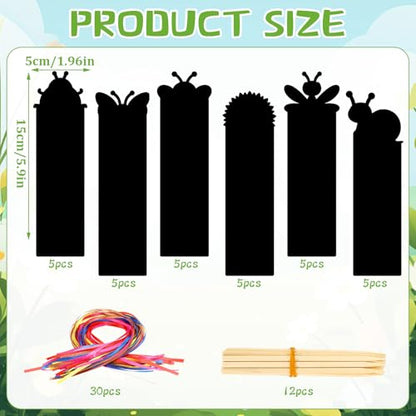 JUNEBRUSHS Spring Scratch Bookmarks, 30PCS Crafts for Kids DIY Rainbow Scratch Art, Spring Activities for Kids Art Project with 6 Designs, 30 Strings and 12 Sticks - style: Spring Style