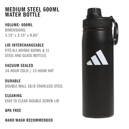 adidas Stainless Steel Metal Water Bottle 20 oz (600 mL) Screw Cap - color: Black/White