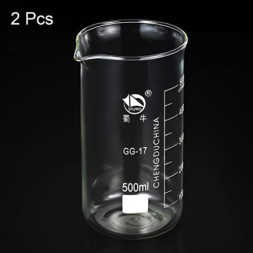 PATIKIL 500ml Tall Form Glass Beaker, 2 Pack 3.3 Borosilicate Glass Graduated Printed Scale Measuring Cups with Spout for Kitchen Lab Liquids Transit Boiling - size: 500ml