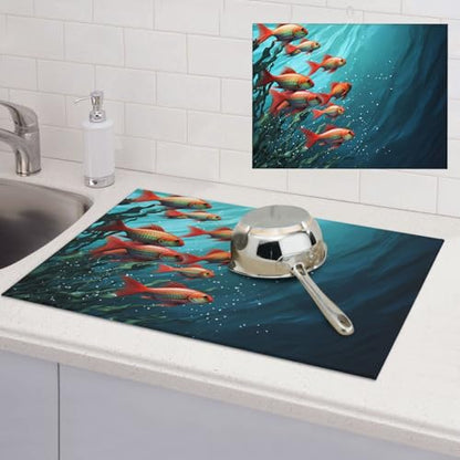 Dish Drying Mat for Kitchen Counter Super Absorbent Microfiber Kitchen Drying Mat Fish aquarium Non-slip Drainer Mats Extra Large Dish Rack Pad Kitchen Accessories 18"x24"