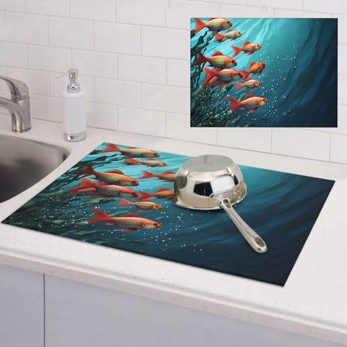 Dish Drying Mat for Kitchen Counter Super Absorbent Microfiber Kitchen Drying Mat Fish aquarium Non-slip Drainer Mats Extra Large Dish Rack Pad Kitchen Accessories 18"x24"