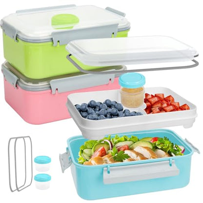 3 Pack Salad Lunch Box Food Storage Containers, 47oz Bento Box To Go Container with Lids, ReusableMeal Prep Containers with Removable Tray & Dressing Pots for Kids and Adults, Microwavable - color: Pink & Green & Light Blue