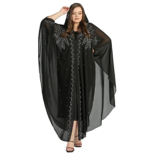 OBEEII Muslim Dress for Women Loose Batwing Sleeved Hooded Beaded Embroidery Long Abaya Dress Kaftan Abayas Islamic Robe - color: Bs07