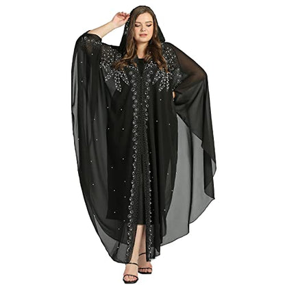 OBEEII Muslim Dress for Women Loose Batwing Sleeved Hooded Beaded Embroidery Long Abaya Dress Kaftan Abayas Islamic Robe - color: Bs07