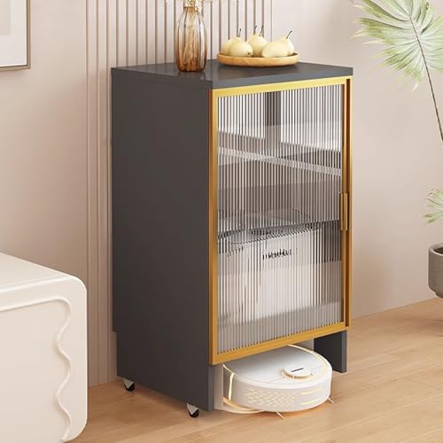 Robot Vacuum Cleaner Storage Rack,Robot Vacuum Storage Rack with Glass Door, Mobile Sweeping Robot Cabinet, Hidden Vacuum Organizer, Floor Stand for Living Room Aquarium (Gray & Gold)