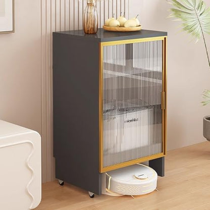 Robot Vacuum Cleaner Storage Rack,Robot Vacuum Storage Rack with Glass Door, Mobile Sweeping Robot Cabinet, Hidden Vacuum Organizer, Floor Stand for Living Room Aquarium (Gray & Gold)