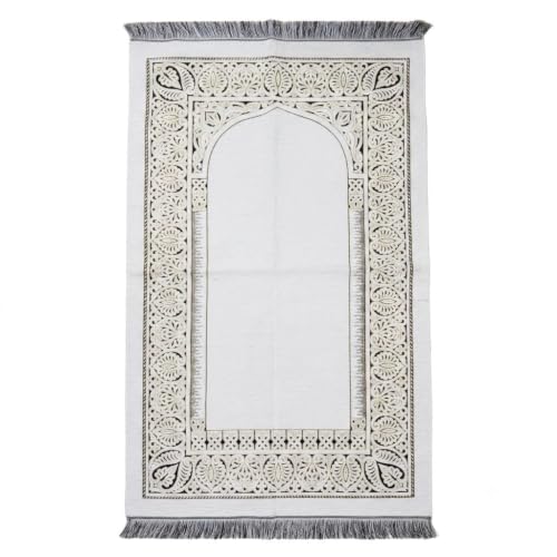 Luxury Islamic Prayer Mat - Elegant Woven Janamaz Rug with Traditional Anatolian Motif and Tassels - Premium Soft Muslim Prayer Carpet for Namaz, Thick Sajadah, Eid & Ramadan Gift (White) - color: White