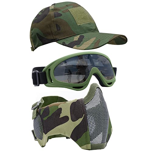 Airsoft Mask with Goggles, Foldable Half Face Airsoft Mesh Mask with Ear Protection for Paintball Shooting Cosplay CS Game - color: C-3PCS, size: 3pcs