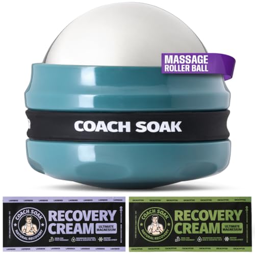 Coach Soak Massage Roller Ball - Hot & Cold Stainless Steel Cryo Ball | Includes 2X Magnesium Cream Sachets - Handheld Deep-Tissue Recovery Tool with Silicone Grip Control