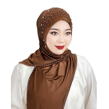 Suillty Women's Pearls Muslim Islam Instant Hijab Scarf Soft Turkish Headwear Jersey Headscarf Shawl Wrap - color: Brown