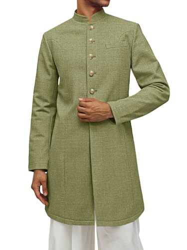 Runcati Mens Kurta Coats Indian Mandarin Collar Attire Ethnic Outfits Wedding Festive Party Clothing Casual Kaftan Robe - color: Army Green, size: Medium