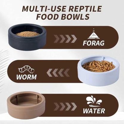 3 Pack Anti-Escape Reptile Food Dish Bowls, Plastic Worm Water Dish | Mealworm Feeder Cups for Small Gecko, Lizards, Bearded Dragon, Chameleon 2.83" W x 2.83" D x 0.98" H, 3 Colors