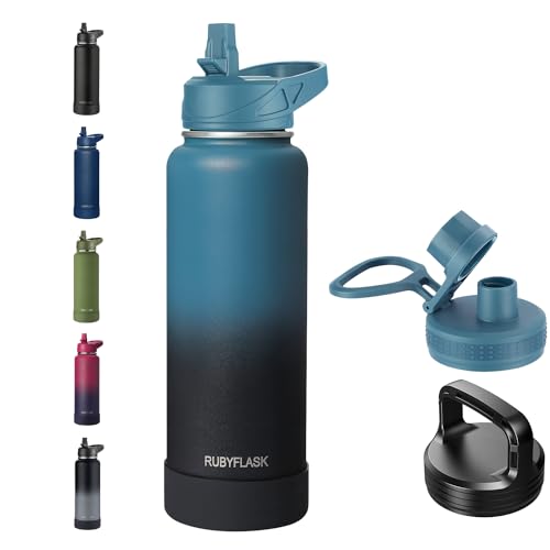 RUBYFLASK 40 oz Insulated Stainless Steel Water Bottle with Straw | 3 Lids, Wide Mouth, Metal Vacuum Leakproof Water Jug Flask and Handle, Large Thermal Cup with Silicone Boot, Indigoblack - color: Indigo Black, size: 40 Ounces