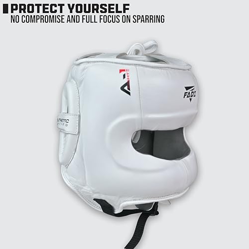 A1 Boxing Sparring Headgear – Face Saver Head Guard with Nose Protection, Cowhide Leather Boxing Headgear for MMA, Muay Thai & Kickboxing Training - color: White, size: Small-Medium