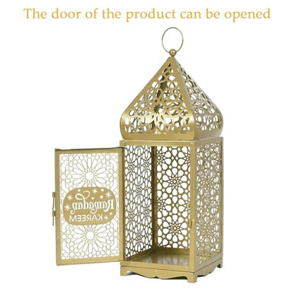 Ramadan Lanterns Gold Metal Islamic Fanous Hanging Candle Holder Decor for Ramadan & Eid, Eid Decorations for Home Table Window Porch, Large 14.6" & 11.4" Set of 2