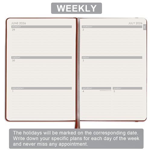 Planner 2026-2027 - Jul. 2026 - Jun. 2027, Academic Planner 2026-2027, Leather Planners Weekly and Monthly, 6.3" x 8.4", Hardcover with Back Pocket + Thick Paper + Twin-Wire Binding - Wine Red - color: Wine Red