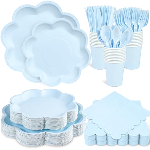 350 Pcs Light Blue Paper Plates and Napkins Set Serve for 50 Guests - color: Blue