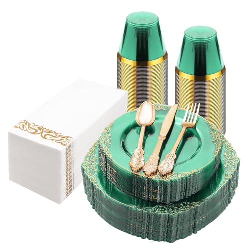 Bestluck 175PCS Clear Green Plastic Plates for 25 Guests - color: Green, size: 25 Guests