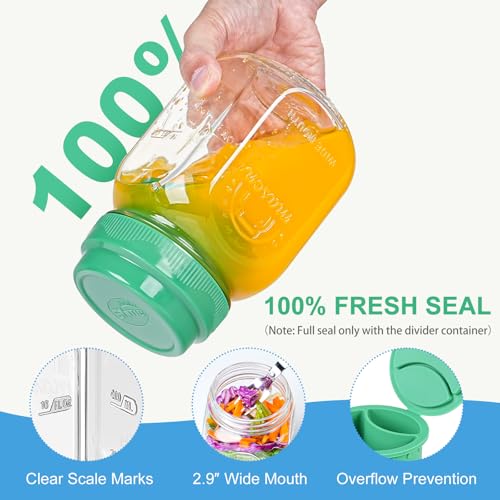 [UPGRADE] 2 Pack Salad Jars with Silicone Dressing Cup, 32 Oz Salad Container for Lunch Meal Prep w Foldable Fork, Separation Divider for Dry Food & Wet Sauce, Salad Pod On The Go for Overnight Oats