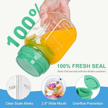 [UPGRADE] 2 Pack Salad Jars with Silicone Dressing Cup, 32 Oz Salad Container for Lunch Meal Prep w Foldable Fork, Separation Divider for Dry Food & Wet Sauce, Salad Pod On The Go for Overnight Oats
