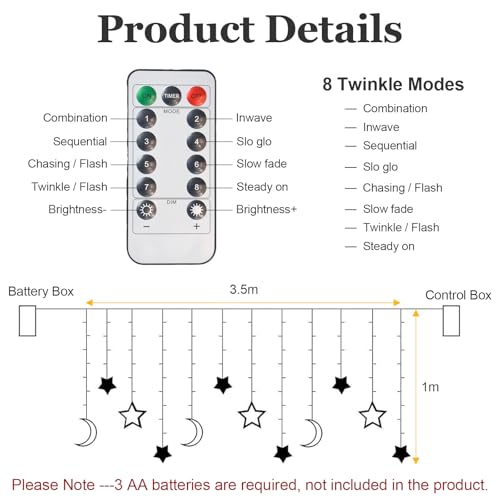 Star Moon Curtain Lights 11.5ft Remote Control LED Fairy Light Strings, 8 Flashing Modes Waterproof Decorative Lights for Garden, Christmas, Wedding, Party, Bedroom Decorations(Warm White)