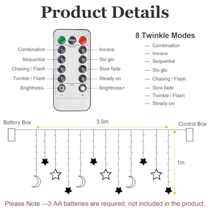 Star Moon Curtain Lights 11.5ft Remote Control LED Fairy Light Strings, 8 Flashing Modes Waterproof Decorative Lights for Garden, Christmas, Wedding, Party, Bedroom Decorations(Warm White)