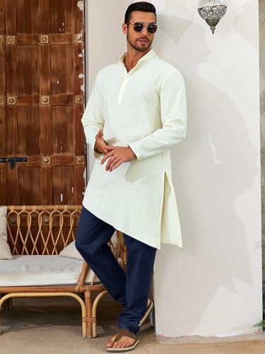 Runcati Mens Kaftan Thobe Pants Cotton Casual Elastic Waist Drawstring Muslim Trousers Summer Yoga Kurta Pants with Pockets - color: Navy, size: XX-Large