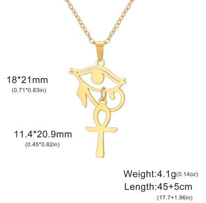 Ankh Cross Y Necklace Key of Life Eye of Horus Pendant Cartouche Long Chain Protection African Coptic Amulet Ancient Egyptian Religious Jewelry Gift for Women Men - color: Ankh Cross Eye of Horus gold 2