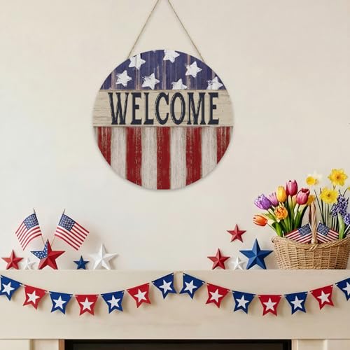 Smile Patriotic American Flag Welcome Wooden Round Door Hanger, 4th of July Front Door Sign for Independence Day & Memorial Day Decor - style: Flag Welcome