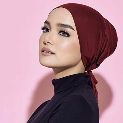4 Pcs Women Hijab Undercap Islamic Muslim Inner Beanies Cap with Tie Back Closure, Adjustable Underscarf Hat Chemo Turban Cap(Color#2)