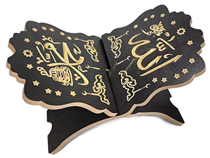 Foldable Rehal Al-Quran Book Stand AMN-348 Allah Muhammad Arabic Calligraphy Muslim Magazine Cookbook Rihal Display Holder Rack Eid Ramadan Islam Religion Gift (Black) - color: Black