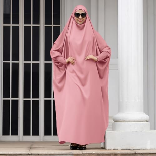 IKADEX Jilbab for Muslim Women Hooded Abaya Kaftan Dress Hijab Chador One-Piece Loose Fit Arabic Islamic Prayer Robe - color: Pink