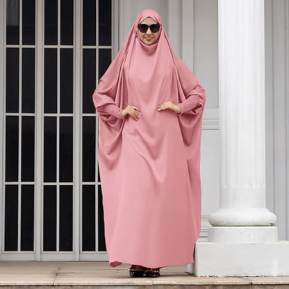 IKADEX Jilbab 무슬림 여성용 후드 아바야 카프탄 드레스 히잡 차도르 원피스 루즈핏 아랍어 이슬람 기도 로브 - color: 핑크