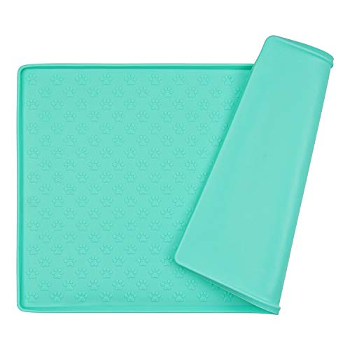 Silicone Cat & Dog Bowl Mat, Non-Slip Pet Feeding Mat - Waterproof Dog & Cat Placemat (18.5"x11.8", Mint Green Paw Pattern) - color: Mint Green Paw Pattern, size: 18.5"x11.8"