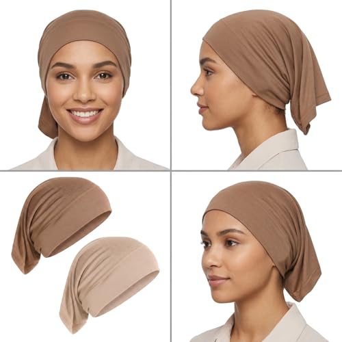 2 Pcs Hijab Cap Undercaps for Hijab No Slip Women Solid Color Hijabs Cap Islamic Muslim Hijabs Undercap with Brim for Turban Tube Neck Cover (Dark Brown, Beige)