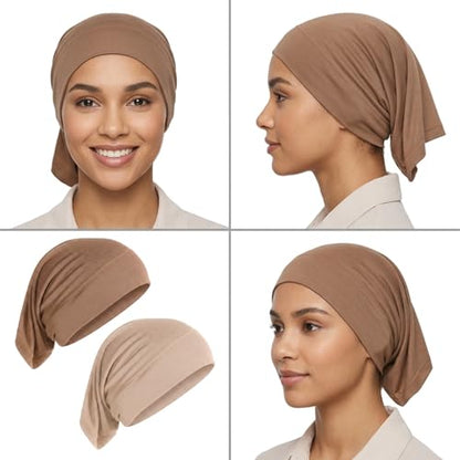 2 Pcs Hijab Cap Undercaps for Hijab No Slip Women Solid Color Hijabs Cap Islamic Muslim Hijabs Undercap with Brim for Turban Tube Neck Cover (Dark Brown, Beige)