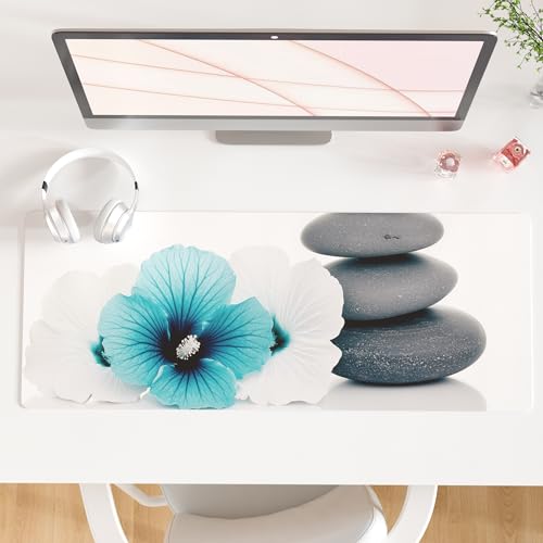 QiyI PU Leather Large Mouse Pad, Office Decor, 31.5" x 11.8", Blue Hibiscus | Desk Décor Accessories, Extended Size, Waterproof & Easy to Clean, Smooth Surface, Non Slip Desk Organization, Floral Pebble - color: Pebbles & Blue White Flowers, size: 31.5" x