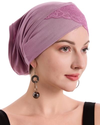 ZLYC Hijab Cap for Muslim Women Soft Stretchy Open-Back Inner Undercap - color: Lace Dusty Purple